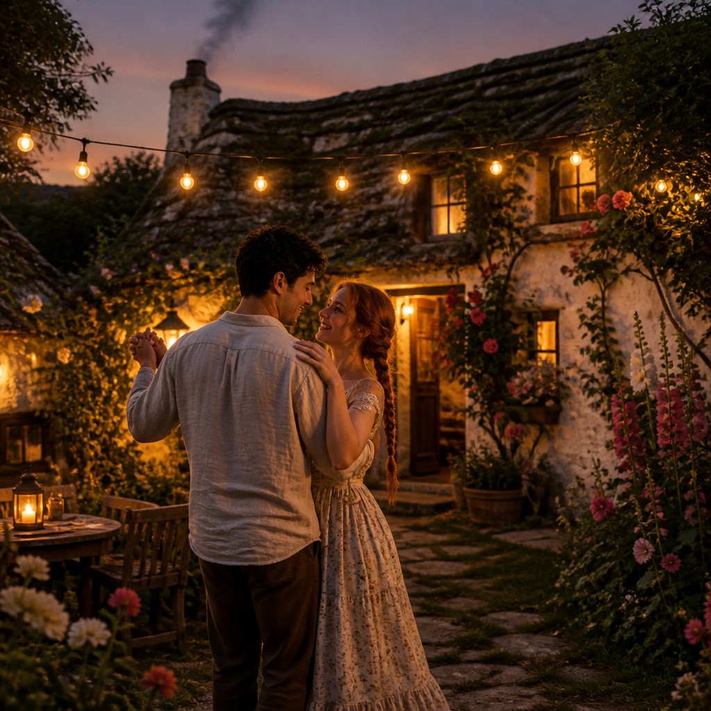 an original couple dancing under string lights in a garden at dusk: a man with short black hair in a linen shirt and a woman with braided red hair in a summer dress