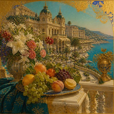 still life arrangement of fruits and flowers