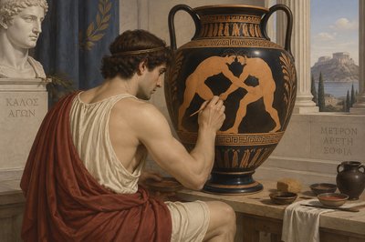 ancient greek vase painter with two ignudi wrestlers