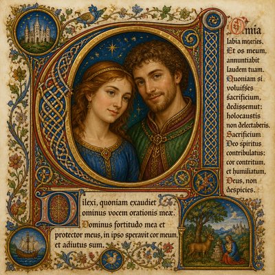 portrait of two people together — Illuminated Manuscript Art Style