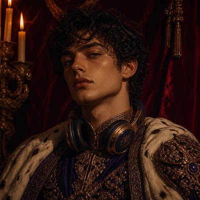 head-and-shoulders portrait of an original character: a young man with curly dark hair and headphones around his neck, plain backdrop, no text