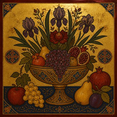still life arrangement of fruits and flowers