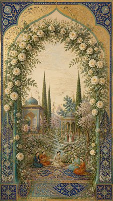 an arch of white roses and eucalyptus in soft morning light, elegant vertical composition with open space, no text