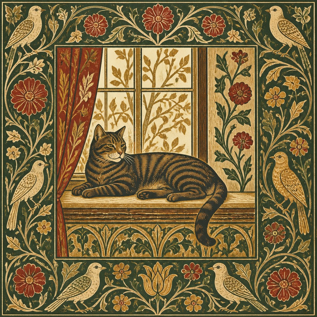 a cat lounging in a sunlit window — Arts and Crafts Style