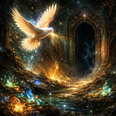  He (God) setteth an end to darkness, and searcheth out all perfection: the stones of darkness, and the shadow of death. From Job 28:3 using a Spiritual figure as a dove to represent the one searching. There are many glowing stones in the darkness and a door representing the shadows of death. 