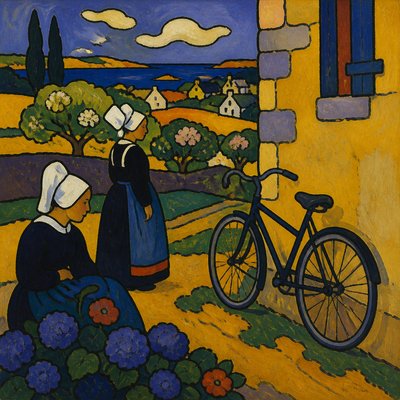 bicyle resting against a wall — Pont-Aven Art Style