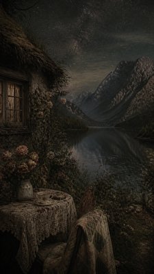 a tranquil mountain lake beneath a starry night sky, no people, no text