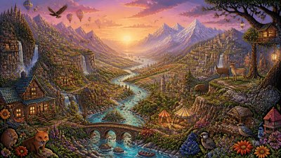 a vast valley with a river winding toward distant mountains at sunrise, no people, no text