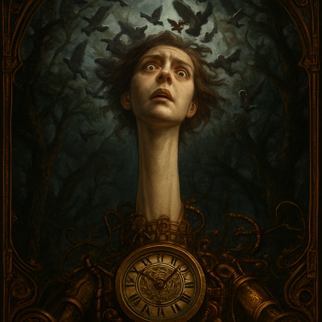 An extreme low-angle perspective shot, looking vertically up toward the sky. Alice’s impossibly long, pale neck stretches out of frame through the dense, gnarled canopy of the dark Wonderland forest. Her head, massive and distorted by the perspective, is visible against a turbulent, twilight sky. Her expression is one of confusion and fear. Small, furious Pigeons swarm her head like bothersome insects. The scene is lit by eerie moonlight filtering through the leaves, emphasizing the dramatic scale and height. Photorealistic fantasy, volumetric fog, moody atmosphere.