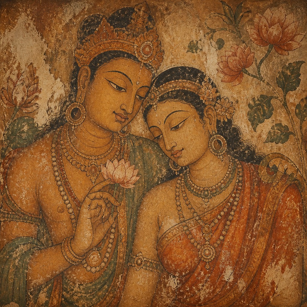 portrait of two people together — Ancient Indian Mural Art Style