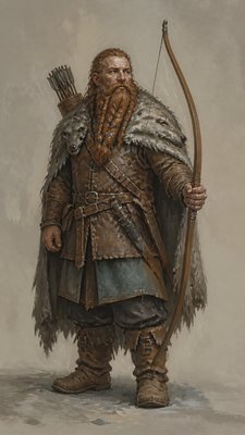 full-body original character: a dwarven ranger with a braided auburn beard, worn leather armor, a longbow and a wolf-pelt cloak, neutral background, no text