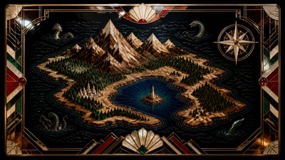 a map of an island realm with mountains, forests, a sheltered bay, sea monsters in the water and a compass rose, no text labels