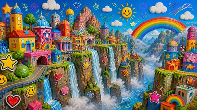 a cliffside city with waterfalls cascading into a misty canyon, wide establishing shot, no people, no text