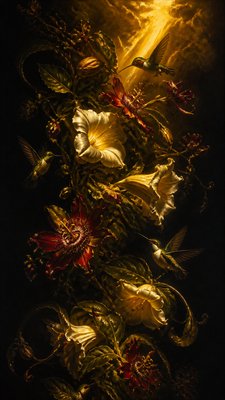 a climbing vine of flowers and hummingbirds on a dark background, tall wrapping composition, no text