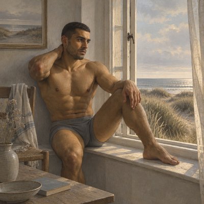 a painting of a man sitting on a window sill