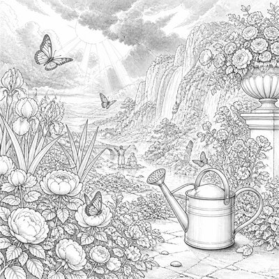 a garden scene with butterflies, flowers and a watering can, clean uncolored line art, no text
