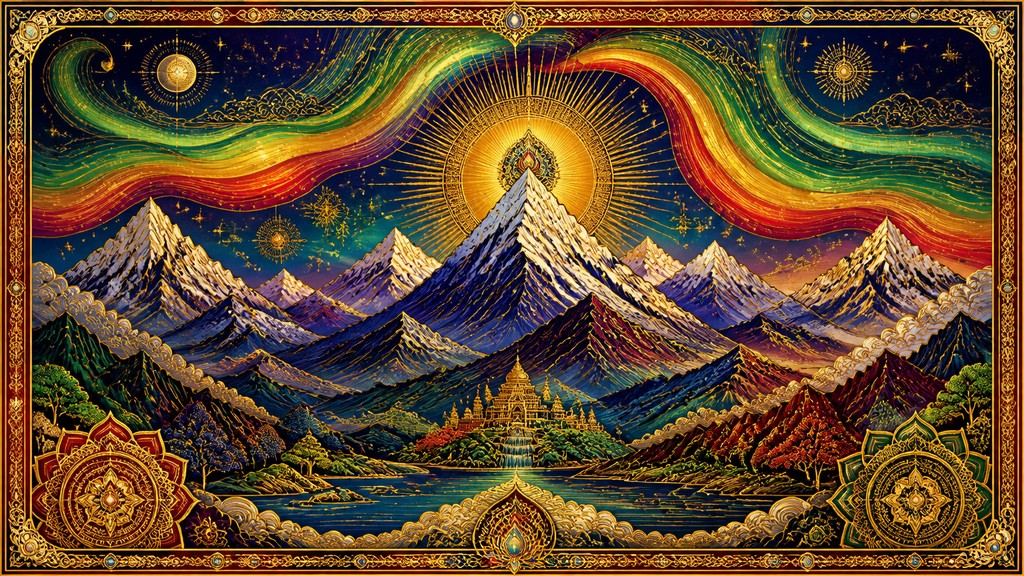 a flowing aurora over snowy peaks, wide sweeping composition, no people, no text