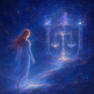 An ethereal and surreal depiction of a figure in a deep dream state, gracefully walking into the heart of the Mountain House constellation, also known as Libra. The figure is a lady with long, flowing red hair, translucent and luminous, radiating a soft inner light, suggesting her non-physical dream presence. She is stepping off a softly glowing, dream-like pathway or ethereal bridge that extends from a misty, dreamscape foreground into the vastness of space.

    The Mountain House (Libra) constellation is not just stars but appears as a majestic, floating celestial architecture – perhaps as ancient, star-dusted pillars, balanced cosmic scales, or glowing celestial doorways forming a 'mountain house' structure, built from nebulae and starlight. Within this constellation, gentle cosmic dust, shimmering gas clouds, and distant galaxies are visible, creating a sense of infinite depth.

    The dominant colors are soft blues, purples, and deep indigos of space, interwoven with golden and silver light emanating from the stars and the lady's luminous form and radiant red hair. There's a profound sense of peace, wonder, and weightlessness. The atmosphere is serene and magical, conveying the feeling of transcending physical reality and entering a realm of cosmic balance and ancient wisdom. The artistic style is highly fantastical and painterly, with a focus on glowing effects, subtle transparency, and a dreamlike composition.