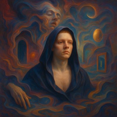 a painting of a woman with a hood on