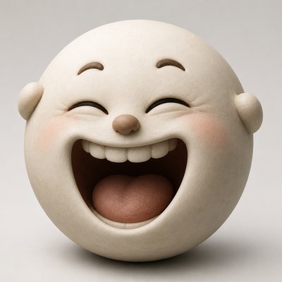 an exaggerated laughing face of an original round mascot character, bold and readable at small size, plain background, no text