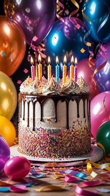 a birthday cake with lit candles surrounded by balloons and confetti, festive vertical composition, no text