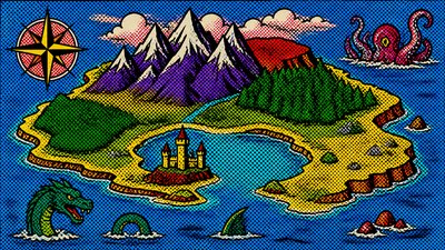 a map of an island realm with mountains, forests, a sheltered bay, sea monsters in the water and a compass rose, no text labels