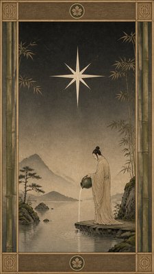 a robed figure pouring water beneath a large eight-pointed star in a night sky, symmetrical composition with an ornate decorative border, no text