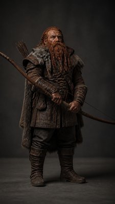 full-body original character: a dwarven ranger with a braided auburn beard, worn leather armor, a longbow and a wolf-pelt cloak, neutral background, no text