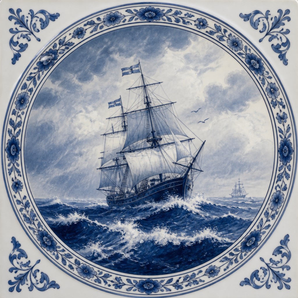 sailing ship on a stormy sea — Delft Blue Art Style