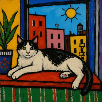 a cat lounging in a sunlit window