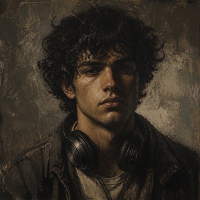 head-and-shoulders portrait of an original character: a young man with curly dark hair and headphones around his neck, plain backdrop, no text