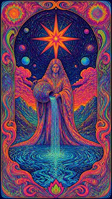 a robed figure pouring water beneath a large eight-pointed star in a night sky, symmetrical composition with an ornate decorative border, no text