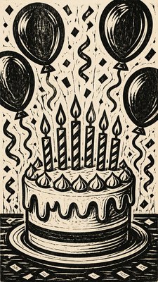 a birthday cake with lit candles surrounded by balloons and confetti, festive vertical composition, no text