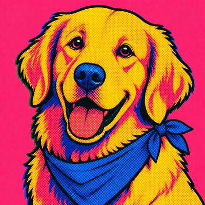 portrait of a golden retriever wearing a blue bandana, warm plain backdrop, no text