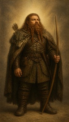 full-body original character: a dwarven ranger with a braided auburn beard, worn leather armor, a longbow and a wolf-pelt cloak, neutral background, no text