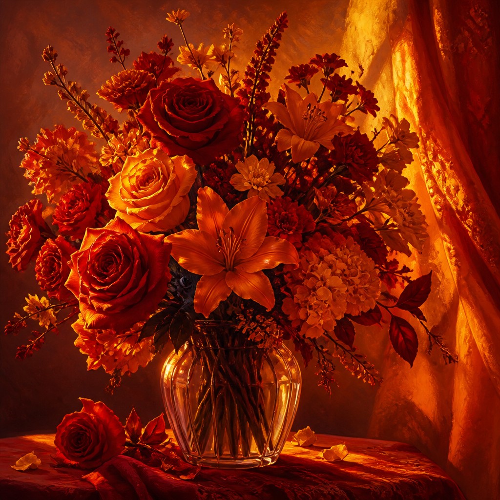 bouquet of flowers in a glass vase — Warm Palette Art Style