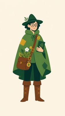full-body original character: a wandering botanist with a satchel of plants, a patched green cloak, tall boots and round glasses, neutral background