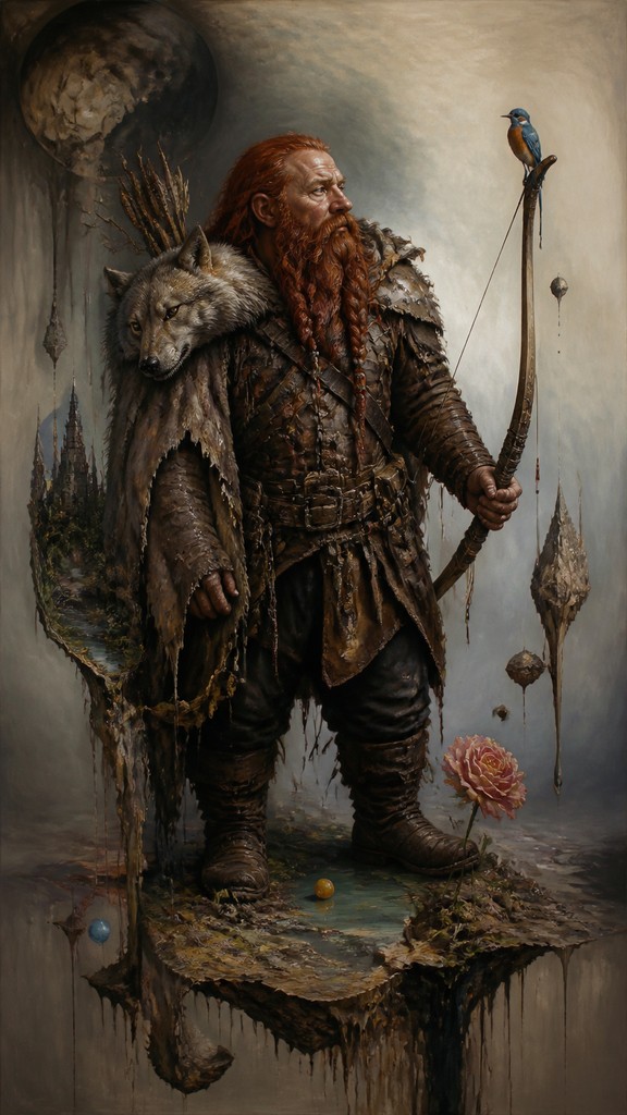 full-body original character: a dwarven ranger with a braided auburn beard, worn leather armor, a longbow and a wolf-pelt cloak, neutral background, no text