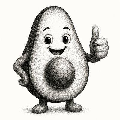 a happy avocado character giving a thumbs up, bold readable design on a plain background, no text