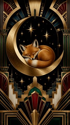 a sleeping baby fox curled on a crescent moon among soft stars, gentle and warm, no text
