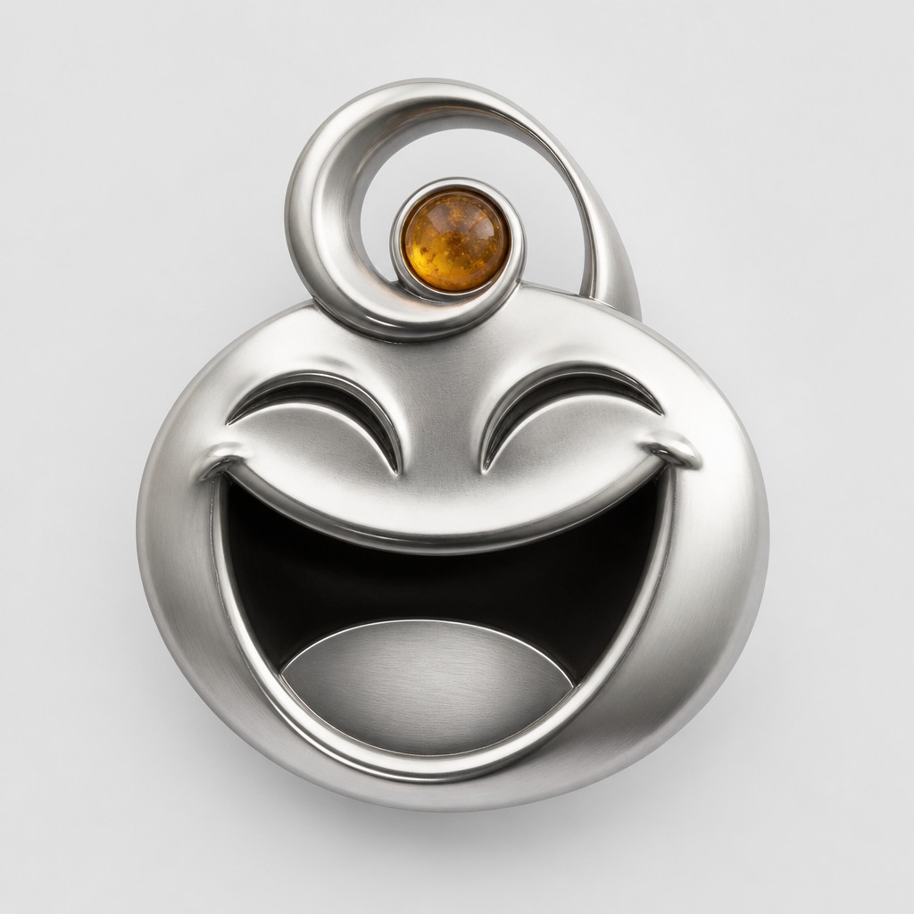 an exaggerated laughing face of an original round mascot character, bold and readable at small size, plain background, no text