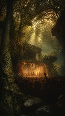 a live music scene with a glowing stage and silhouetted crowd, energetic vertical composition with open space at the top, no text