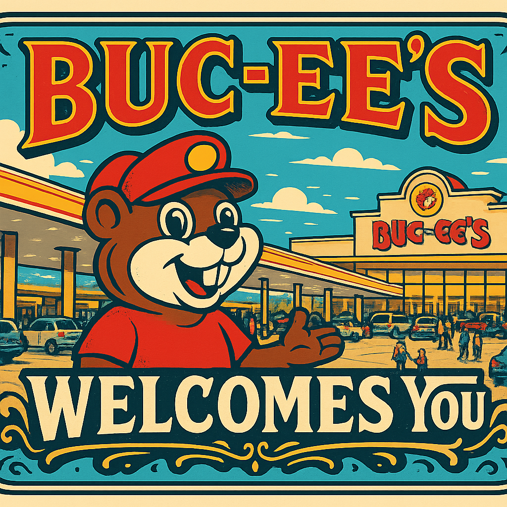 Generate a vibrant, wide-angle image capturing the overwhelming scale and festive atmosphere of a Buc-ee's travel center during peak daylight hours. The central focus should be the massive, iconic Buc-ee the Beaver mascot statue at the entrance, welcoming visitors. Show the enormous, brightly lit gas station canopy stretching across dozens of pumps, with a continuous flow of cars and trucks. In the background, feature the distinctive red-roofed store building with its huge signage. Include details that convey the bustling energy: families walking in, people filling up their tanks, and the overall sense of a colossal, well-organized 'roadside attraction.' The image should highlight its cleanliness, vastness, and the unique, almost surreal experience of stopping at a Buc-ee's.