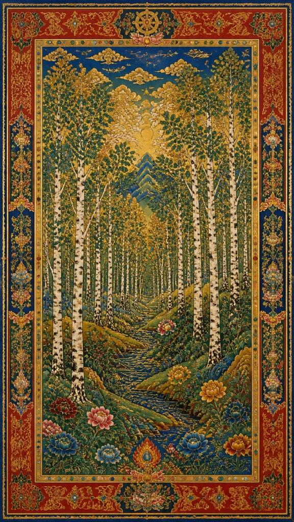 a serene birch forest in soft morning light, no people, no text