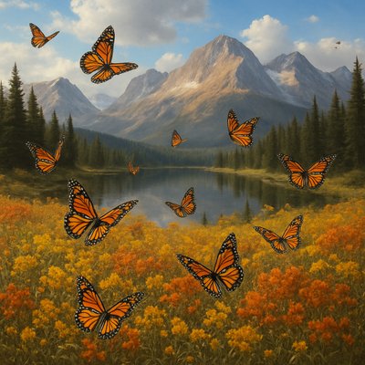Butterflies migrating across a field of fall flowers in the Rocky Mountains
