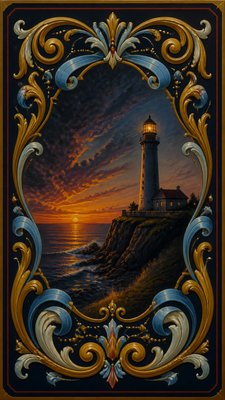 a lone lighthouse on a cliff at dusk under a dramatic sky, no text or lettering