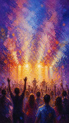 a live music scene with a glowing stage and silhouetted crowd, energetic vertical composition with open space at the top, no text