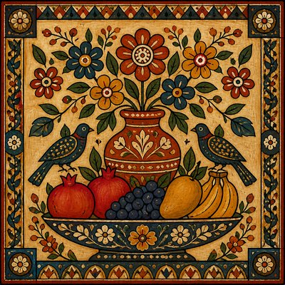 still life arrangement of fruits and flowers