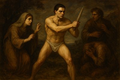 a painting of a man holding a sword
