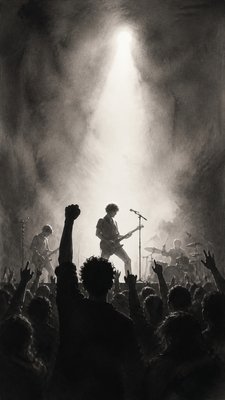 a live music scene with a glowing stage and silhouetted crowd, energetic vertical composition with open space at the top, no text